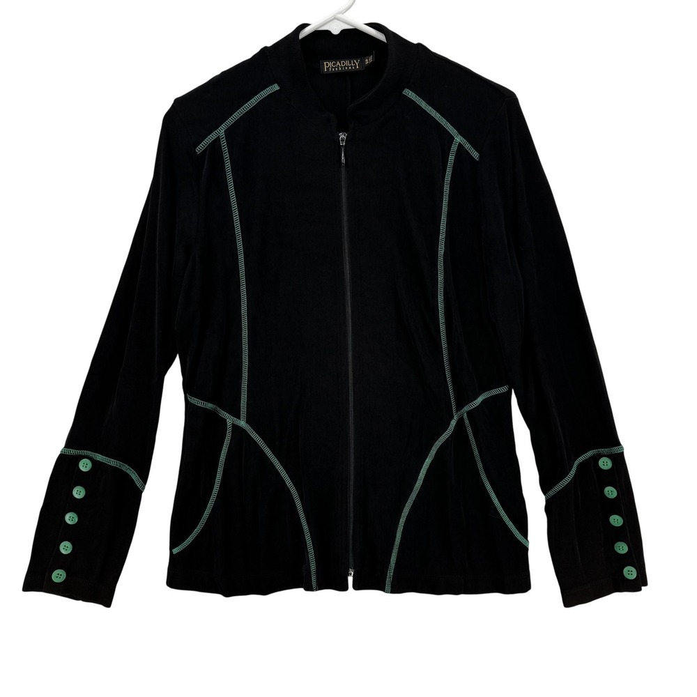 Picadilly Fashions Jacket Womens Small Black Green Zip Up Button Cuff‎ Retro Top